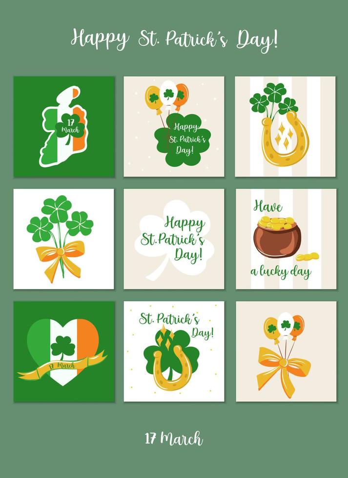 St. Patrick's holiday poster set. Of the symbols and elements of the holiday leprechaun hat, trefoil, horseshoes. vector