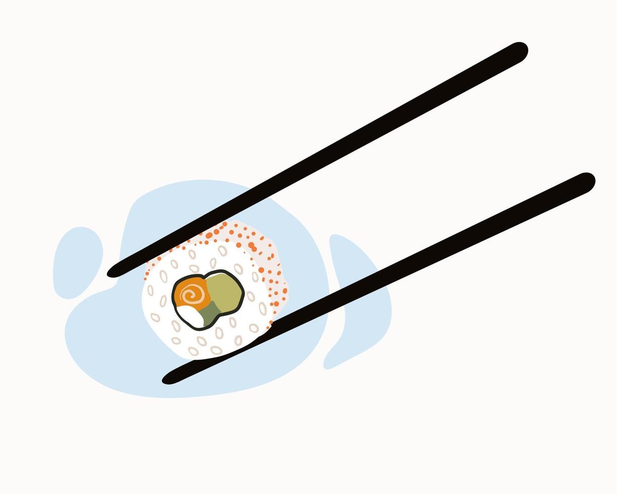 Chopsticks hold the roll. Traditional Japanese cuisine with fresh seafood. vector