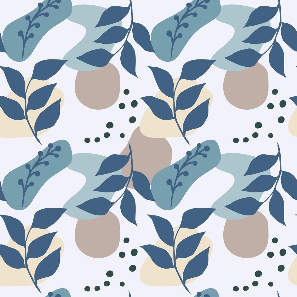 Seamless creative pattern of hand-drawn abstract elements. Branches with leaves and flowing geometric shapes vector