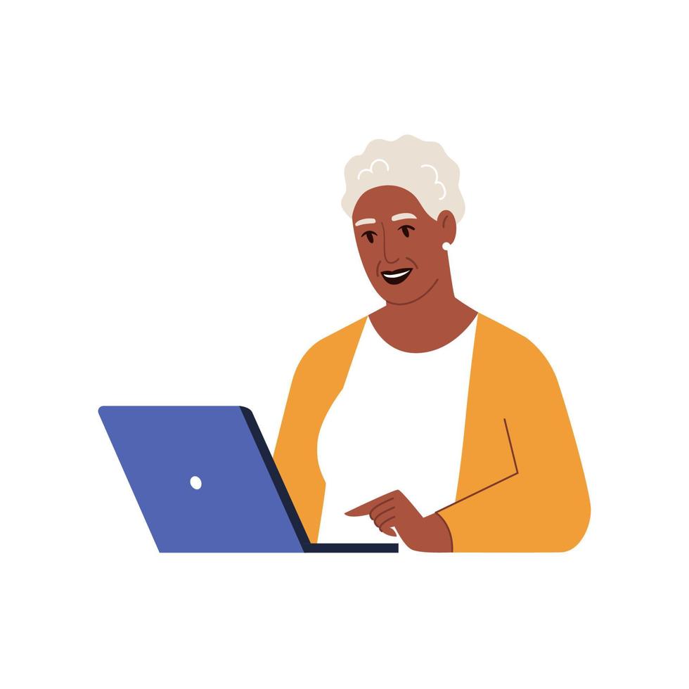 Happy senior woman with laptop. Freelaner working online or person studying online. Vector flat illustration on a white isolated background.