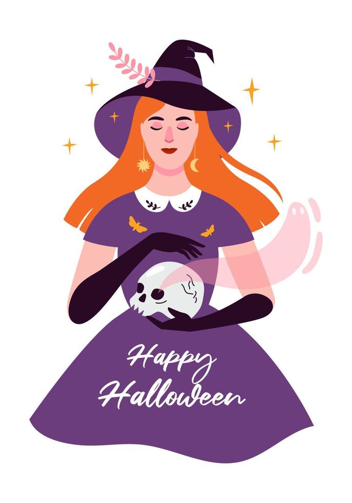 feliz tarjeta de halloween. ilustración vectorial plana de una bruja, calavera, fantasma. vector