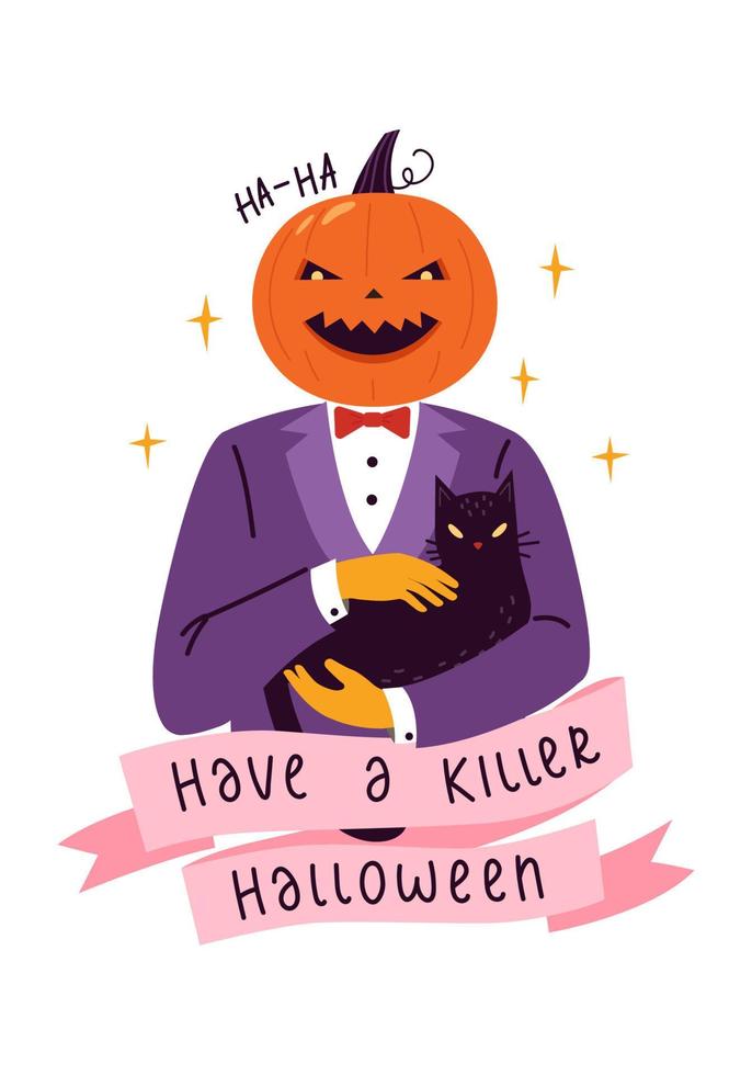 feliz tarjeta de felicitación de halloween con texto y símbolos tradicionales. ilustración vectorial de gato cabeza de calabaza y gato negro. vector