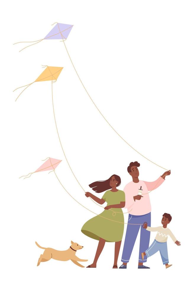 familia feliz con hijo y perro diviértete con una cometa. los padres y el niño vuelan una cometa. jugando al aire libre. ilustración vectorial plana vector