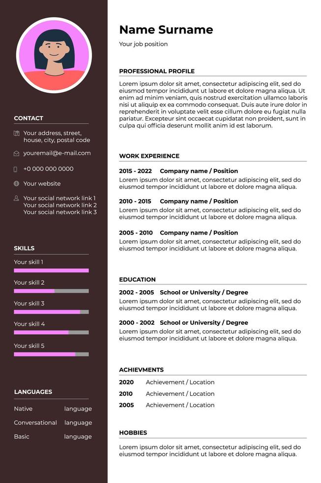 CV resume form template for job search. Curriculum vitae interview sample blank document with woman photo. Page design filling out example for work vacancy. Vector eps illustration