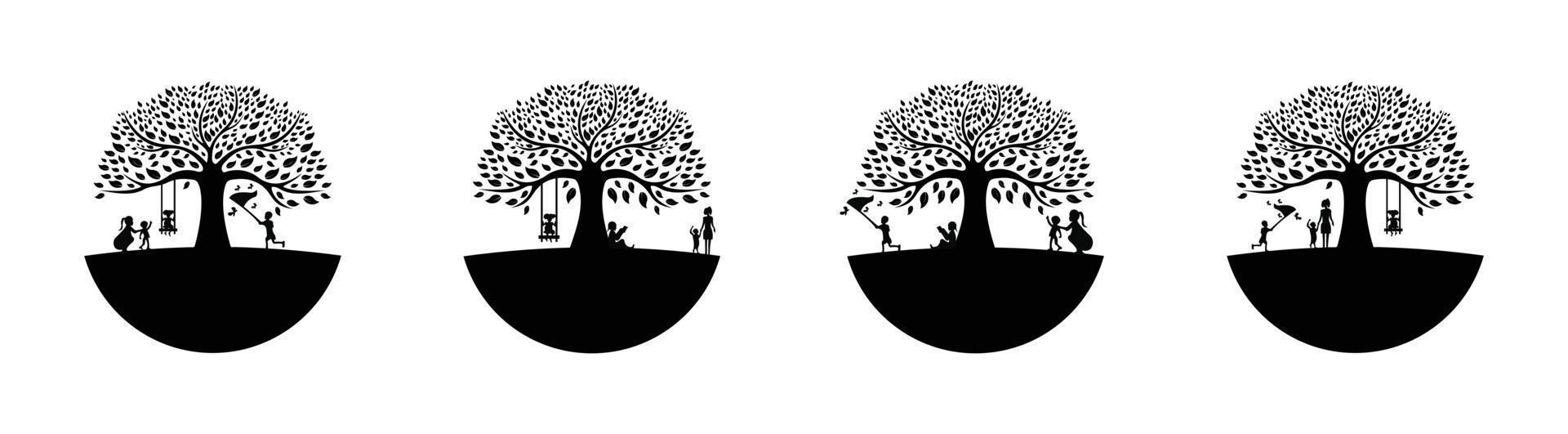 children and mothers play under the tree, black oak tree logo and roots design vector illustration