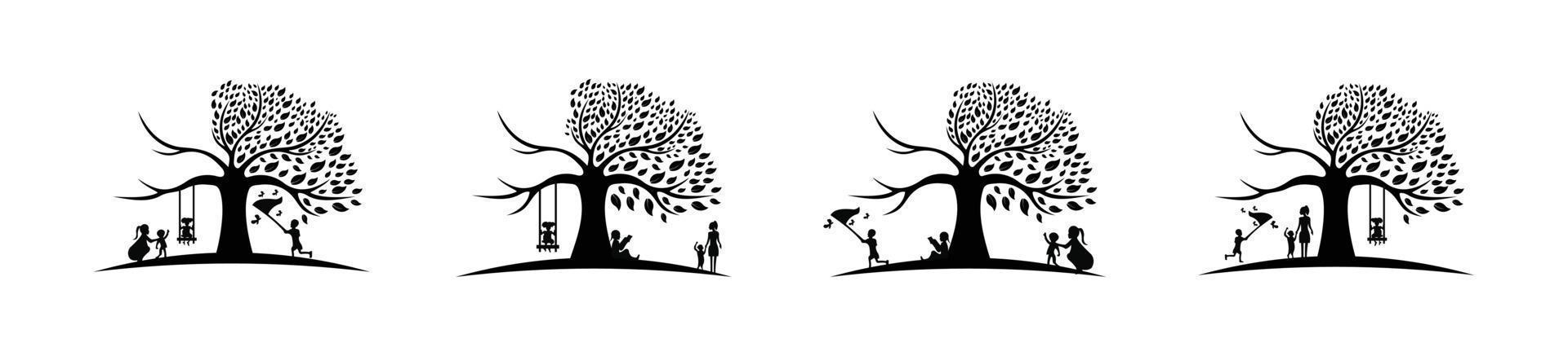children and mothers play under the tree, black oak tree logo and roots design vector illustration