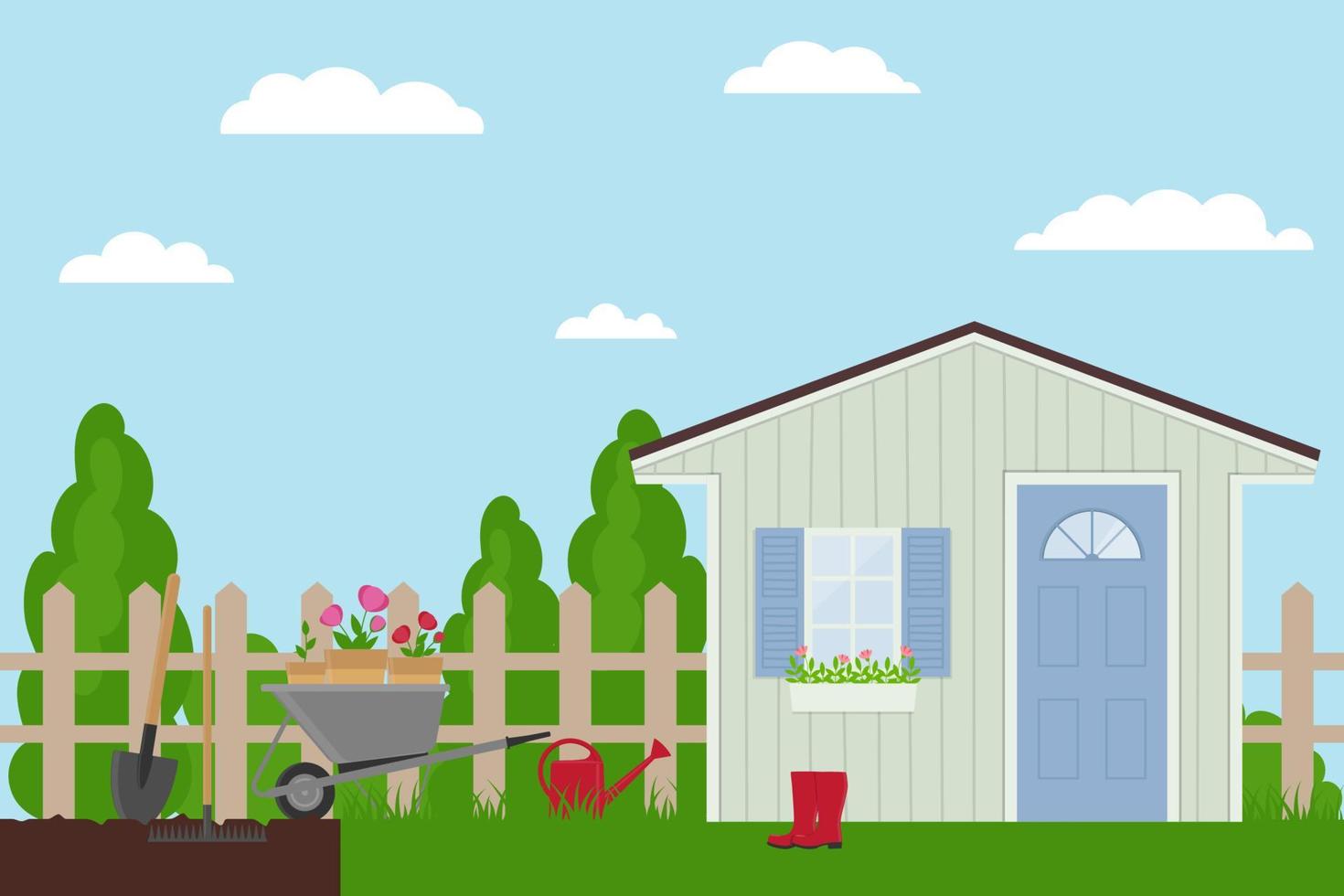 paisaje primaveral en el jardín con casa de jardín y herramientas. plantilla para pancarta, afiche, volante, tarjeta. vector