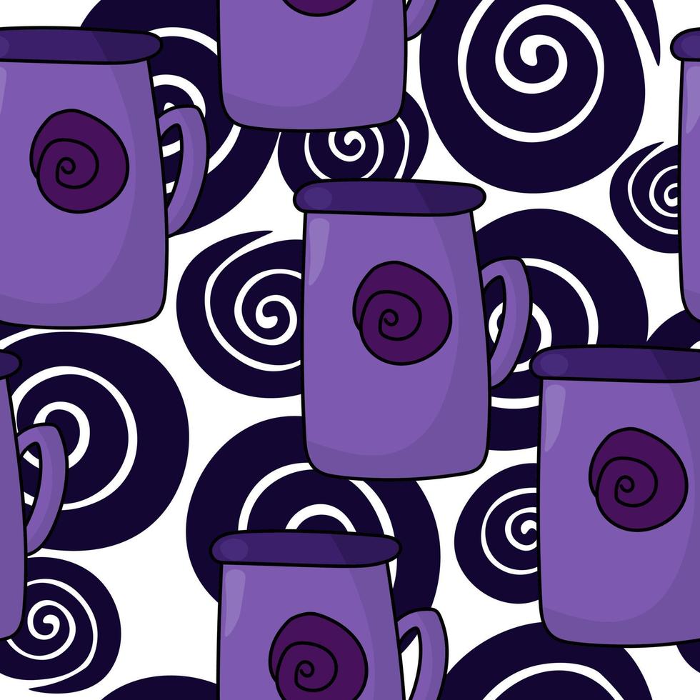 Purple teacup with spiral seamless pattern, cozy mug in cartoon style on a background of dark purple spirals vector