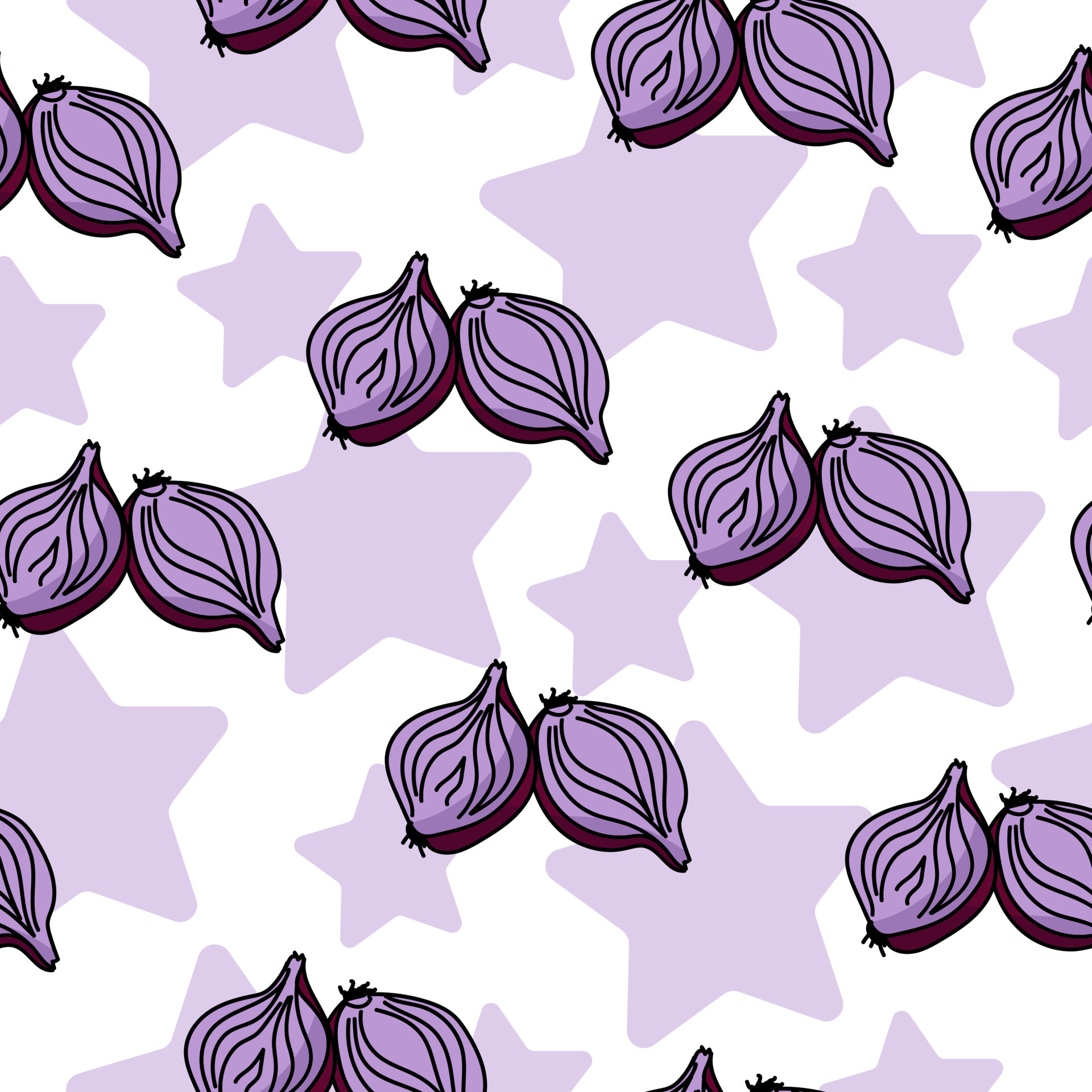 halves of purple onion seamless pattern, cooking bulbs and purple stars