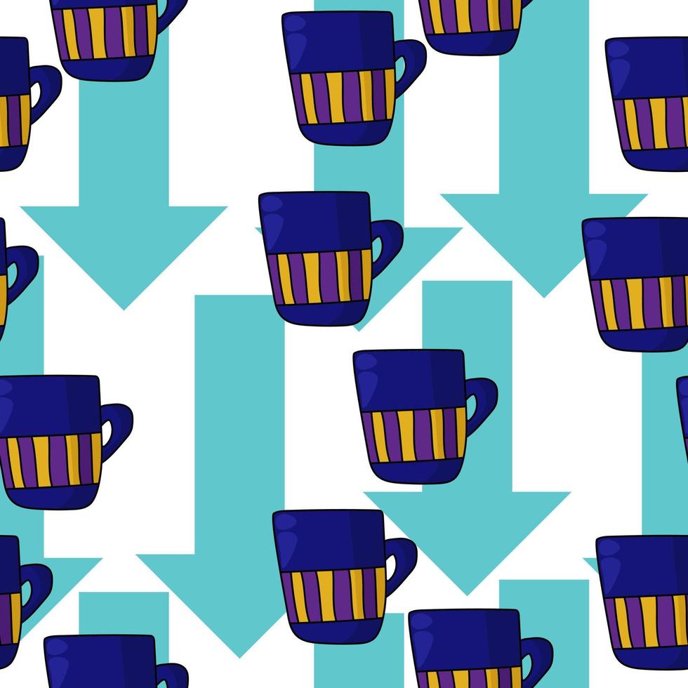 Dark blue teacup with stripes seamless pattern, cozy mug in cartoon style on the background of light blue arrows vector