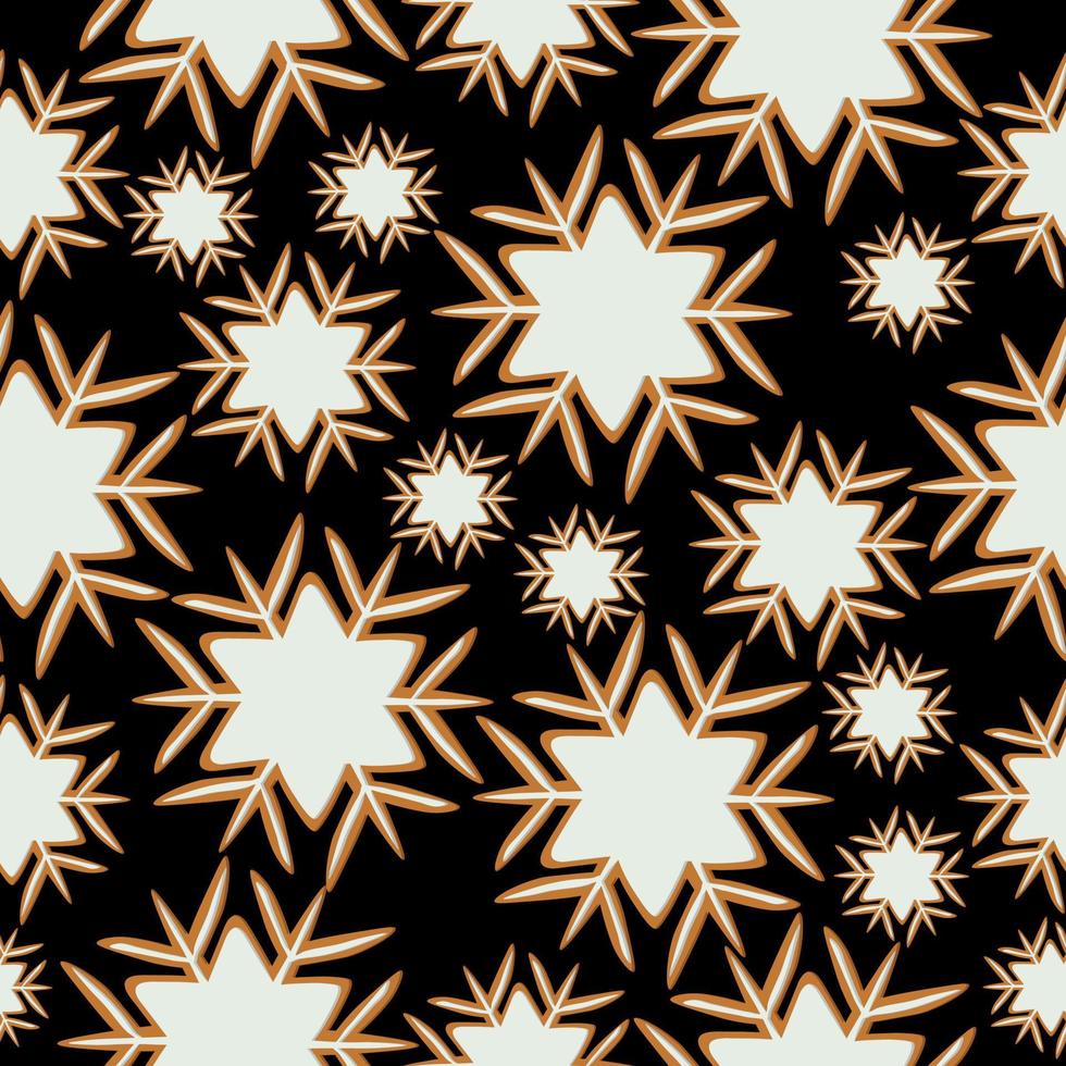 Gingerbread snowflake seamless pattern, Christmas gingerbread cookies of different sizes on a black background vector