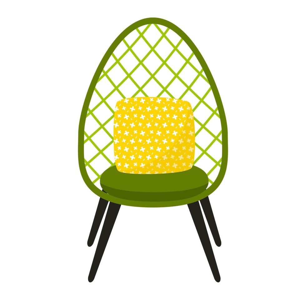 A summer garden chair with a mesh back and a cushion on black legs. A piece of furniture for home and street. Front view. Flat style. Vector illustration isolated on a white background.