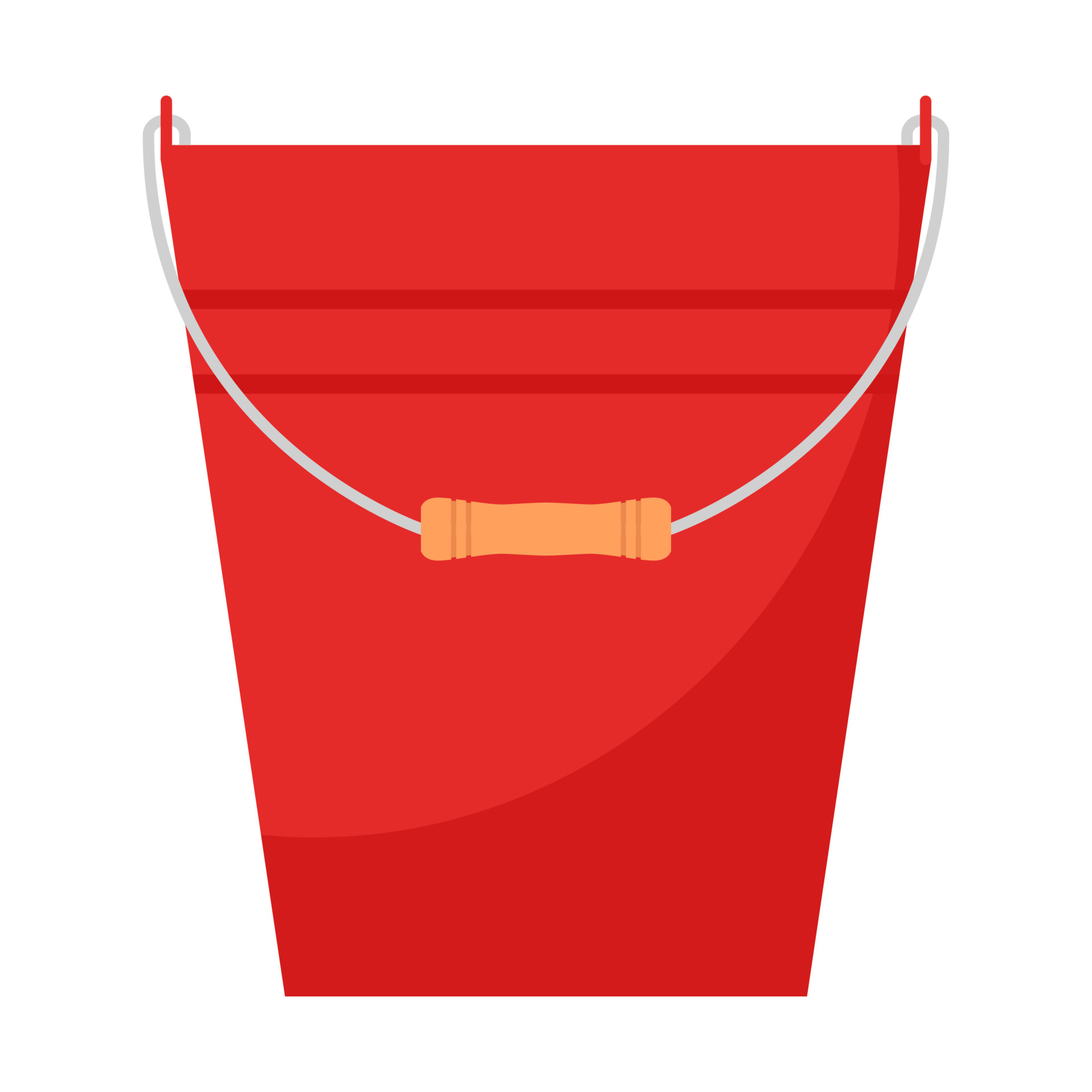 A red bucket with a wooden handle and stripes. Gardening tools. Empty bucket. Flat style