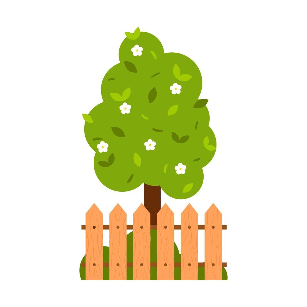 A simple tree, a blooming apple tree with white flowers and a wooden fence. Spring, summer, gardening. Cartoon flat style. Isolated on a white background vector