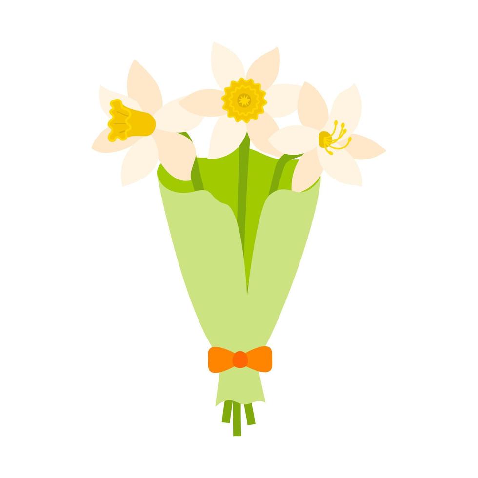 A bouquet of white daffodils in green wrapping paper with a bow. Flat style.Isolated on a white background. vector