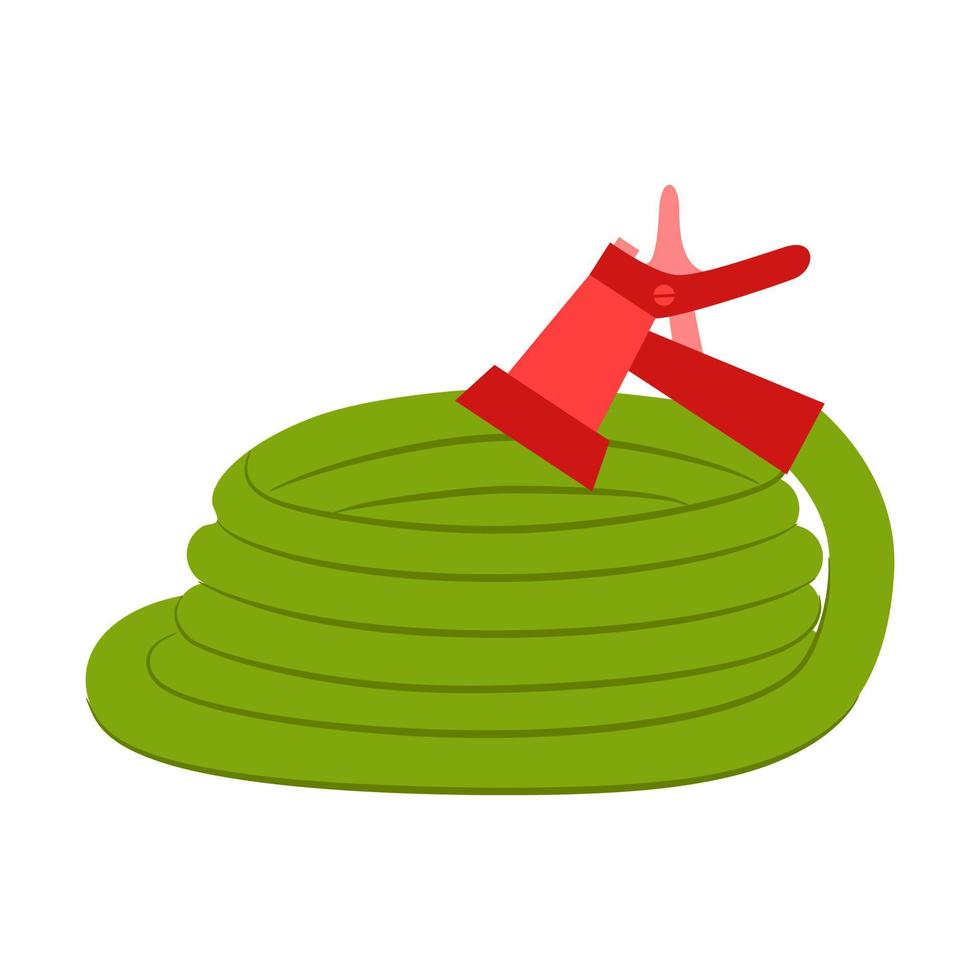 The twisted green spray hose from the sprayers is lying on the ground. Gardening. Cartoon Flat style. Isolated on a white background vector