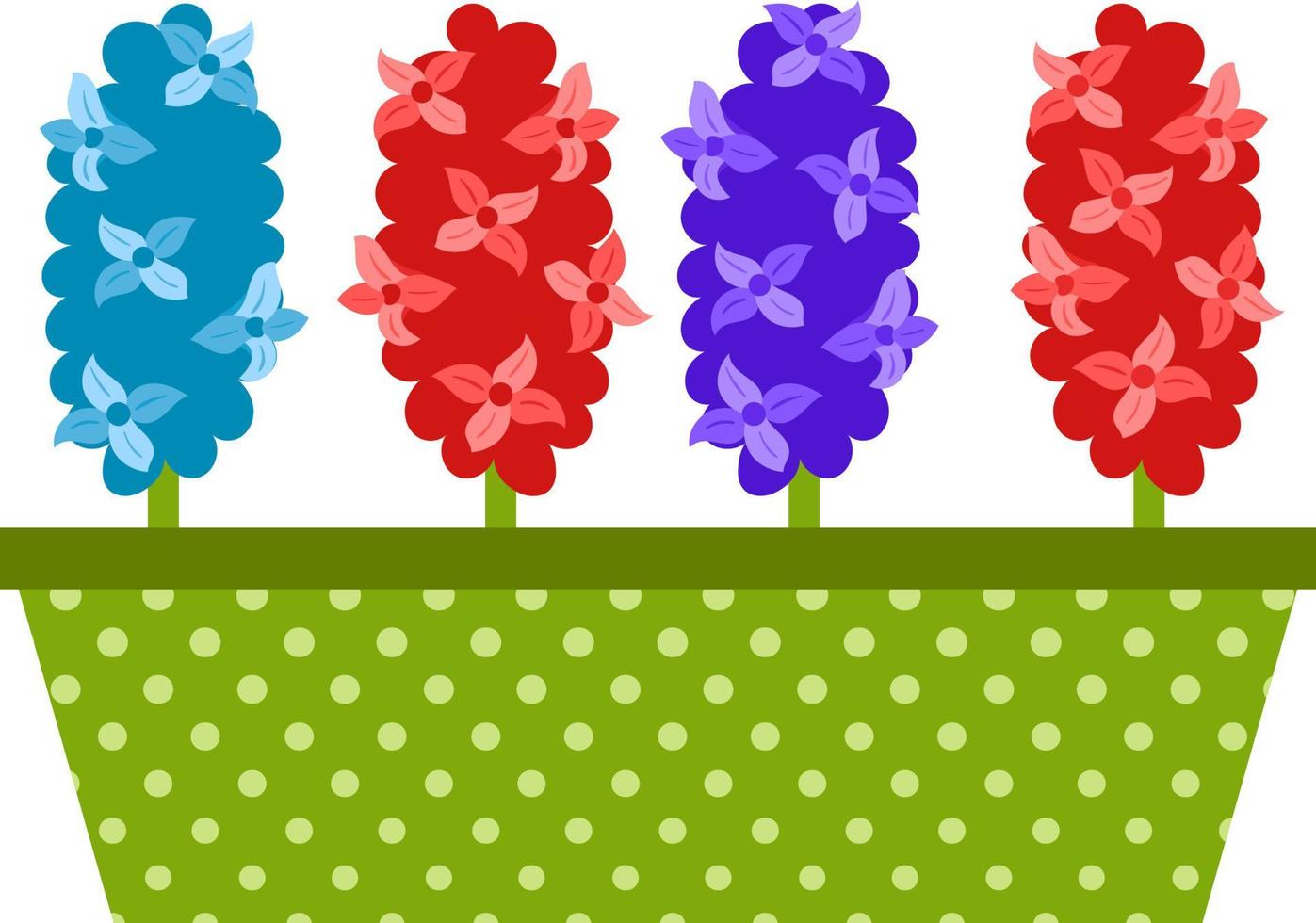 A long pot of polka dots with hyacinths. Spring flowers, a symbol of the beginning of spring, gardening. Floral decorative element. Vector illustration in a flat style. Isolated on white.