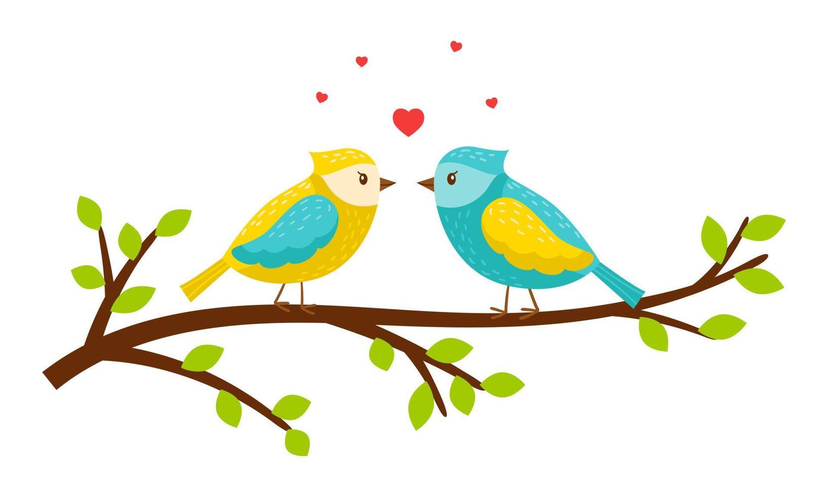 Beautiful spring birds in love are sitting on a branch with leaves. Hearts in the air. Cartoon characters are animals. Bright color vector illustration in flat style. Isolated on a white background.