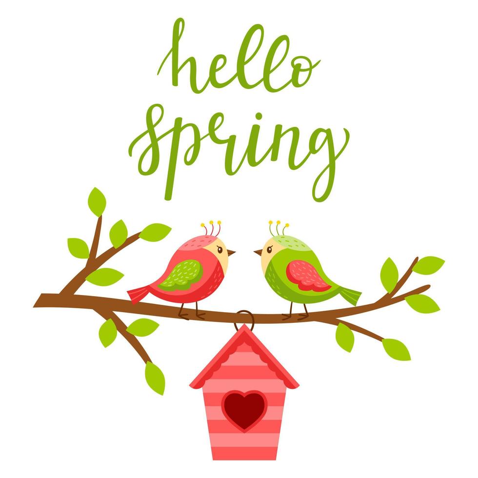 Two lovebirds on a branch with leaves. A birdhouse with a heart. Lettering Hello spring. Spring, bright color vector illustration, postcard in a flat style. Isolated on a white background.