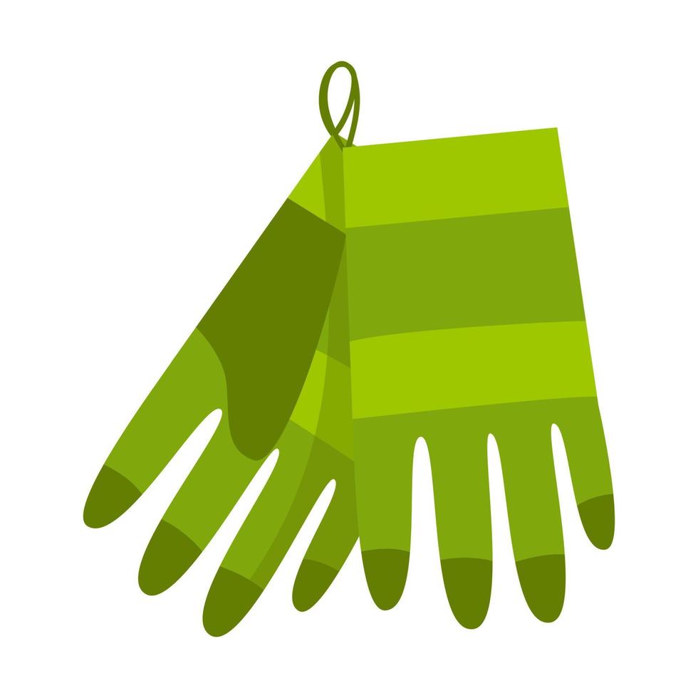 A pair of green gardening work gloves hangs on a nail. gardening, renovation. Cartoon flat style.Isolated on a white background. vector