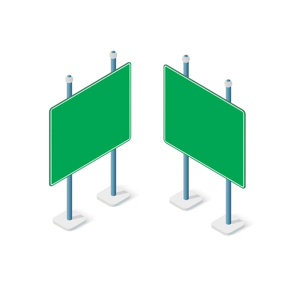 Road signs isometric set street object for highway information traffic direction transportation. vector