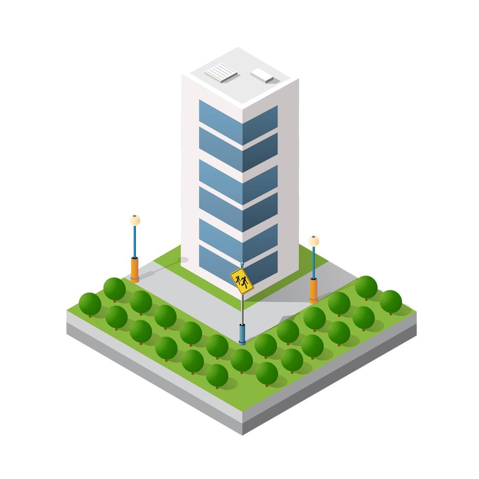 isométrico 3d módulo bloque distrito parte ciudad con rascacielos vector