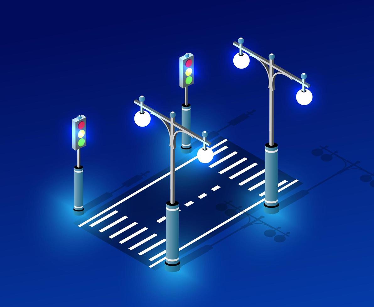 Isometric night light lighting ultra city concept of lanterns, an ultraviolet 3d modern design of urban street lamps. Vector illustration