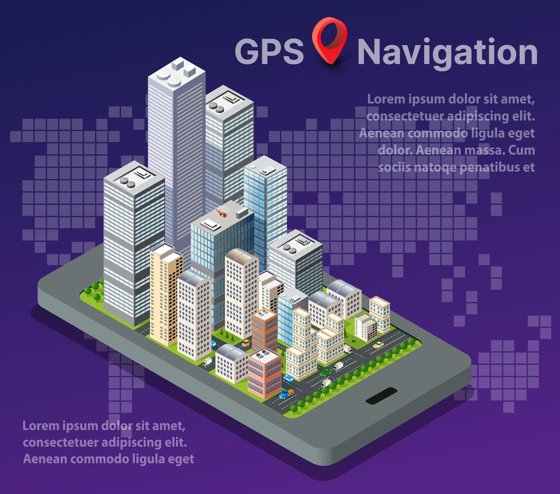 concepto de negocio de cartografía urbana de navegaciones de mapas de ciudades isométricas. vector