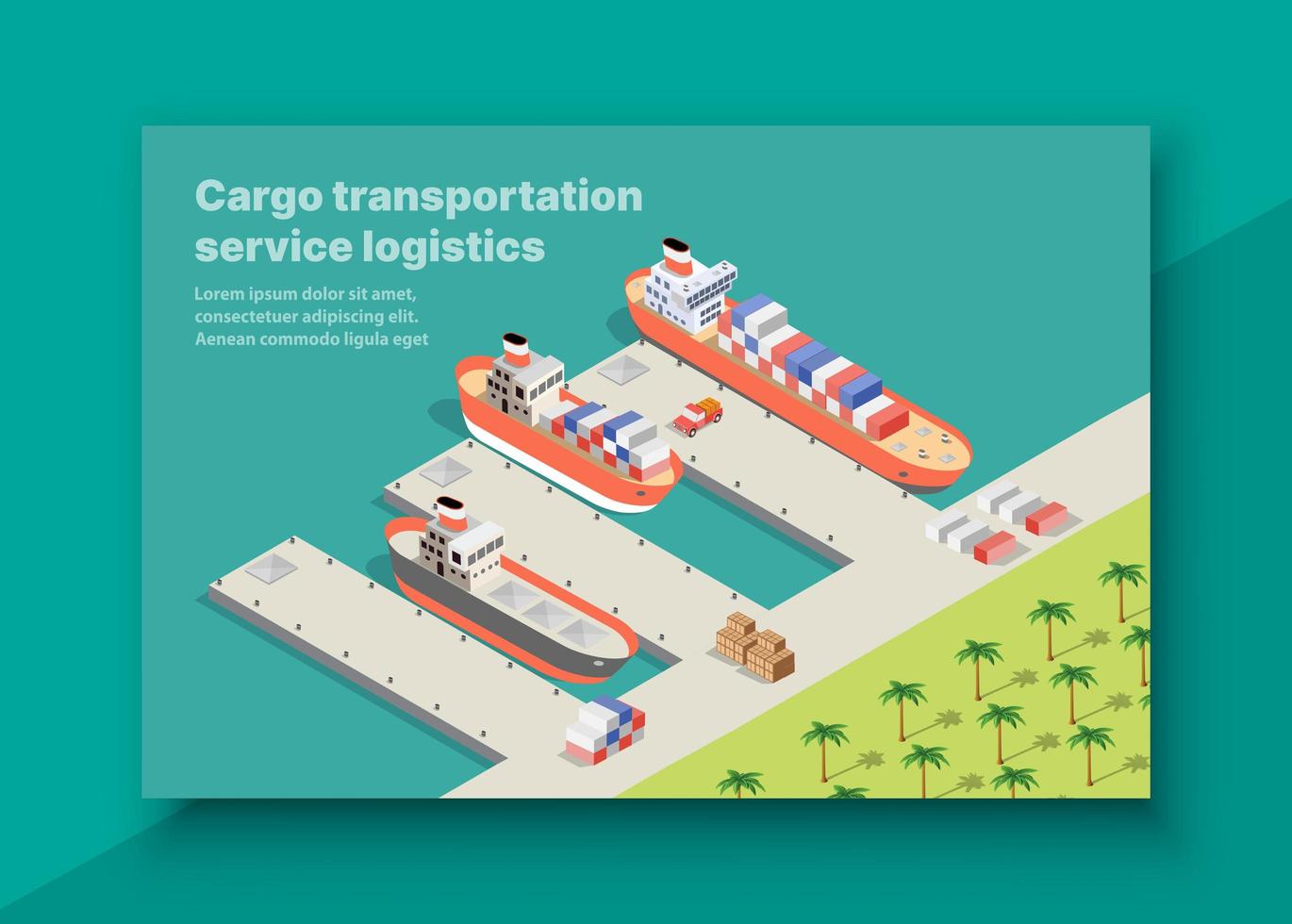 Isometric port cargo ship seaport at sea with transport vessel logistic illustration vector