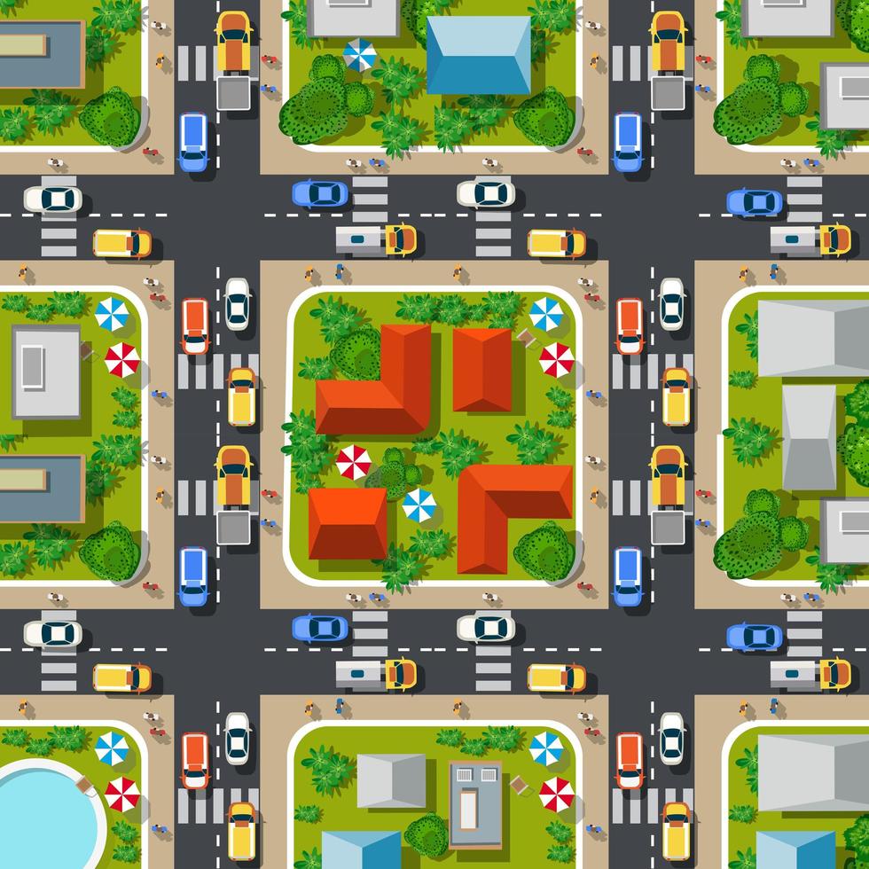 Road top view with highways many different vehicles. vector