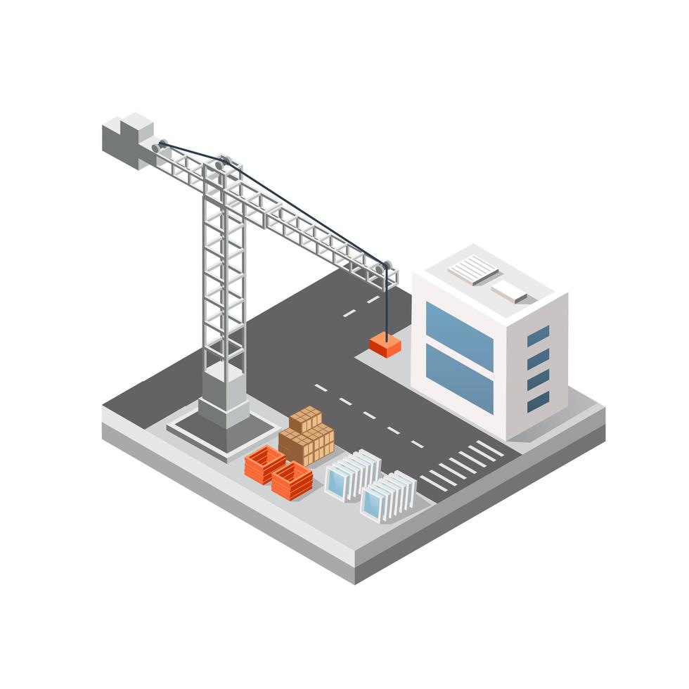 Industrial isometric 3D city building with construction cranes and town houses made in perspective. Modern white illustration vector