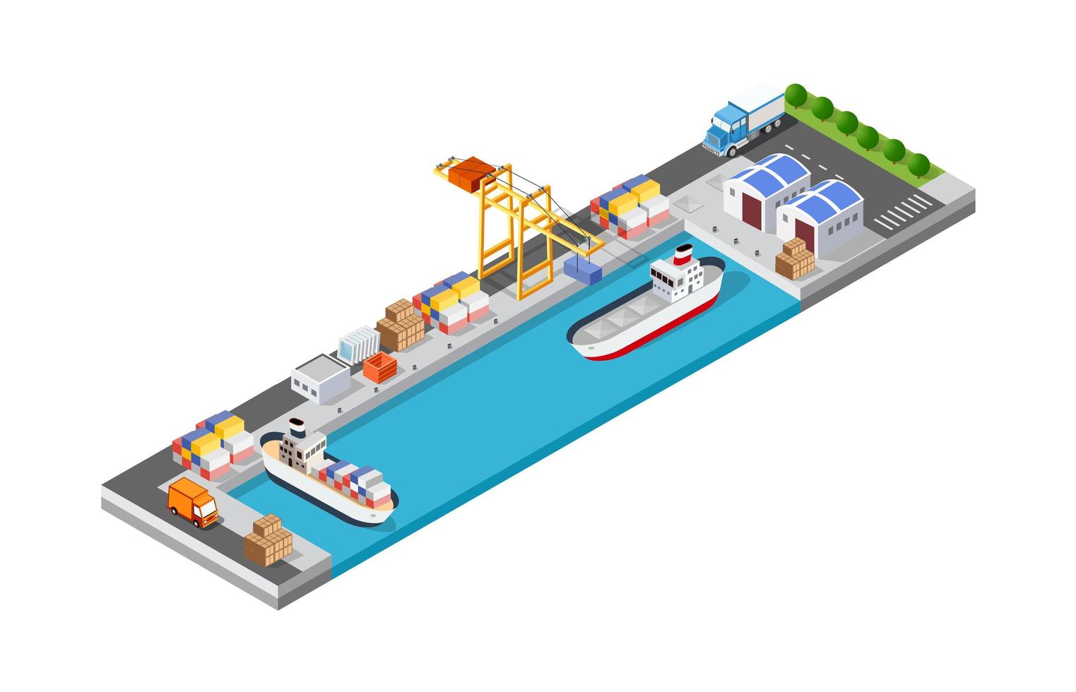 plantilla de vector de puerto marítimo de logística de transporte de buques de carga portuaria con una ilustración isométrica