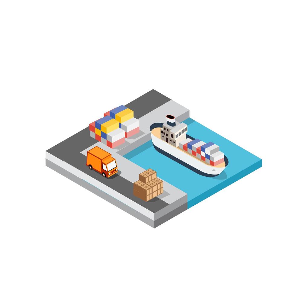 Port cargo ship transport logistics seaport vector template with an isometric illustration