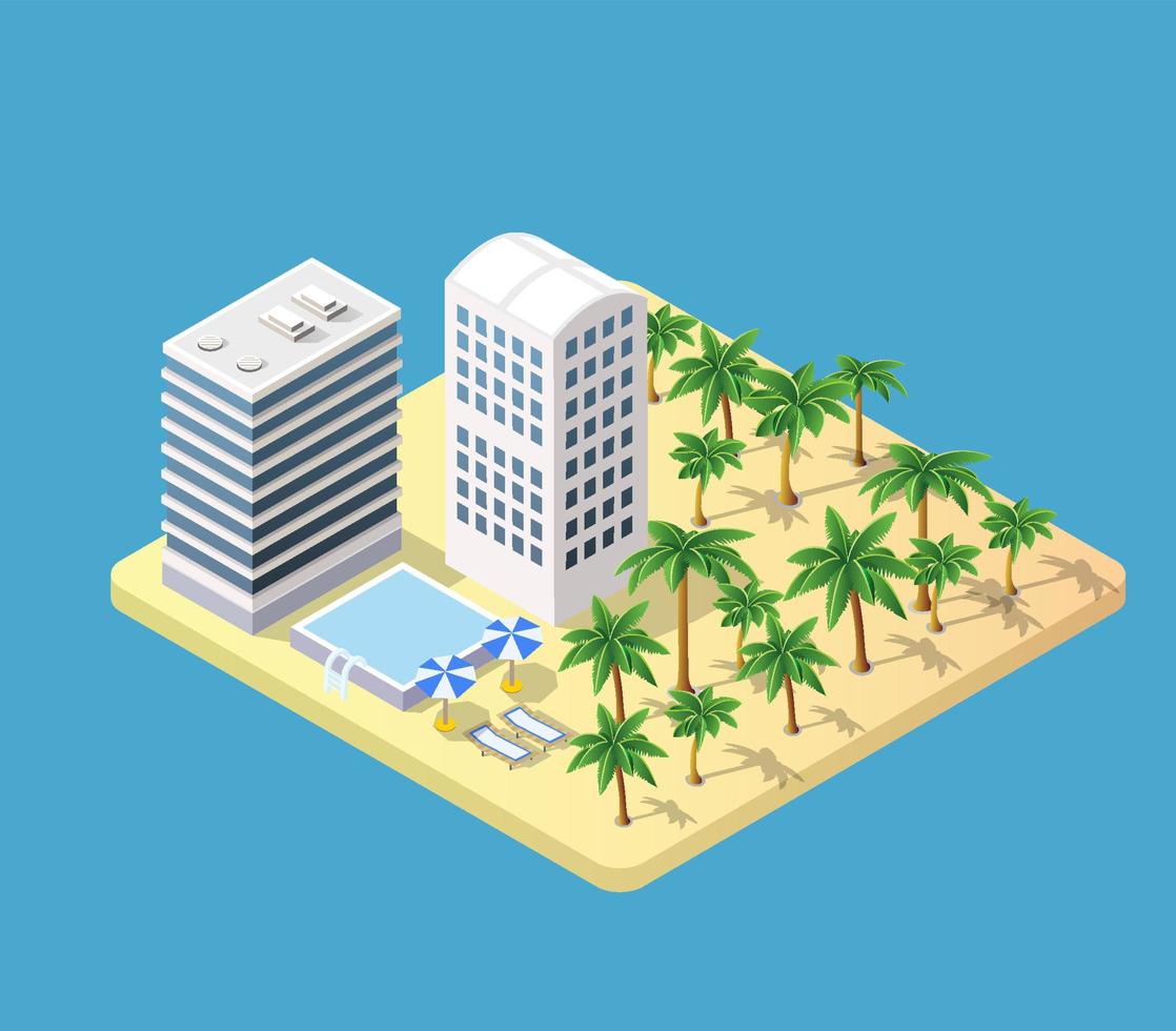 hotel 3d isométrico con playa vector