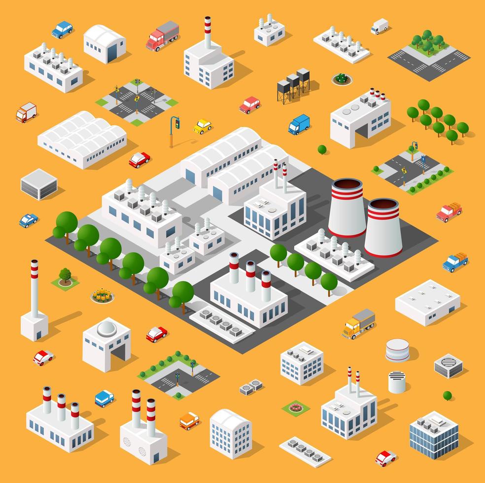 Conjunto del paisaje de la planta de objetos industriales, ilustración 3d vector