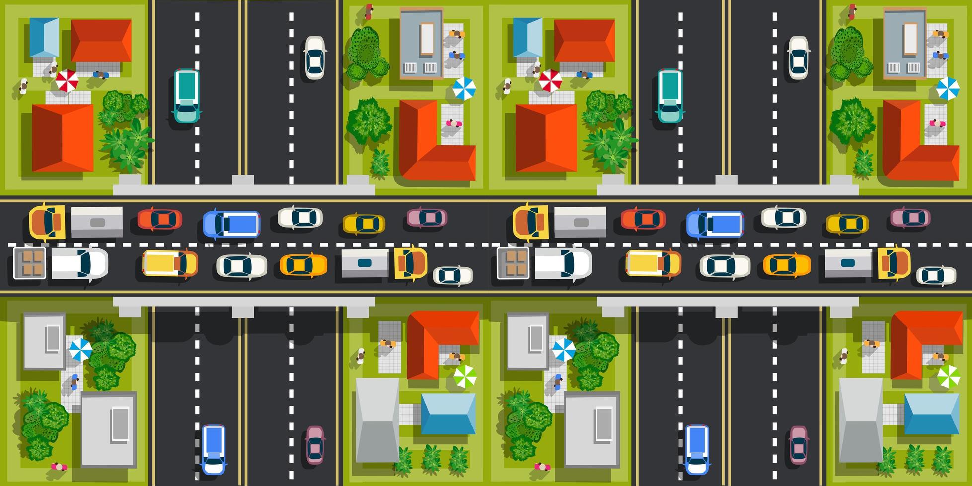 Road top view with highways many different vehicles. vector