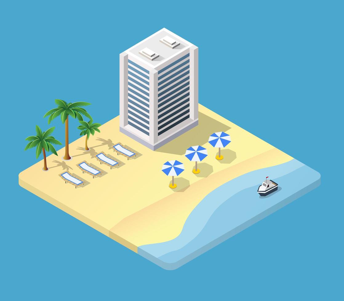 isométrica de hotel de ilustración 3d con playa vector