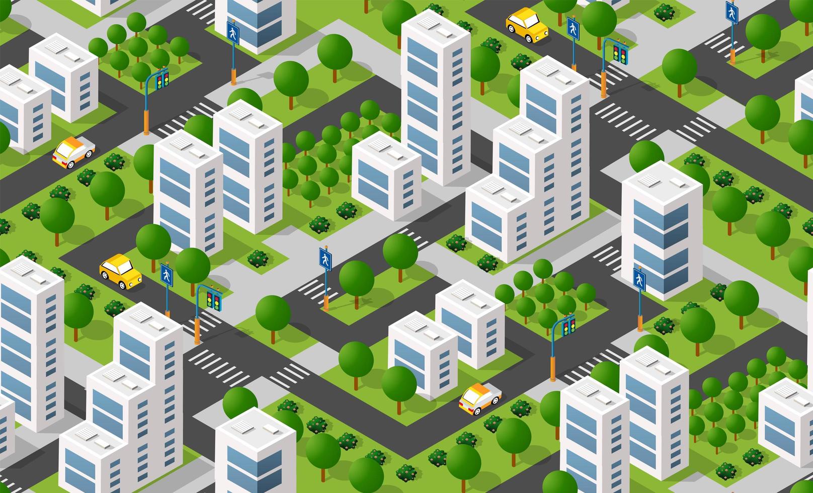 Urban isometric area with building trees lawns vector