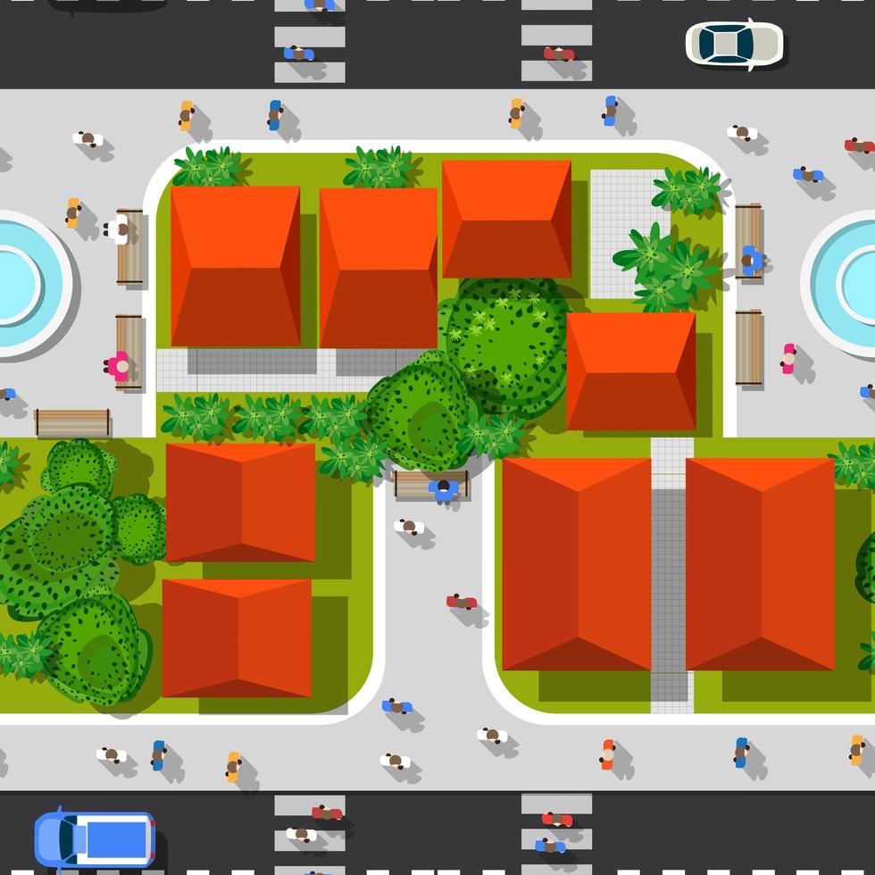 Road top view seamless highways many different vehicles. vector