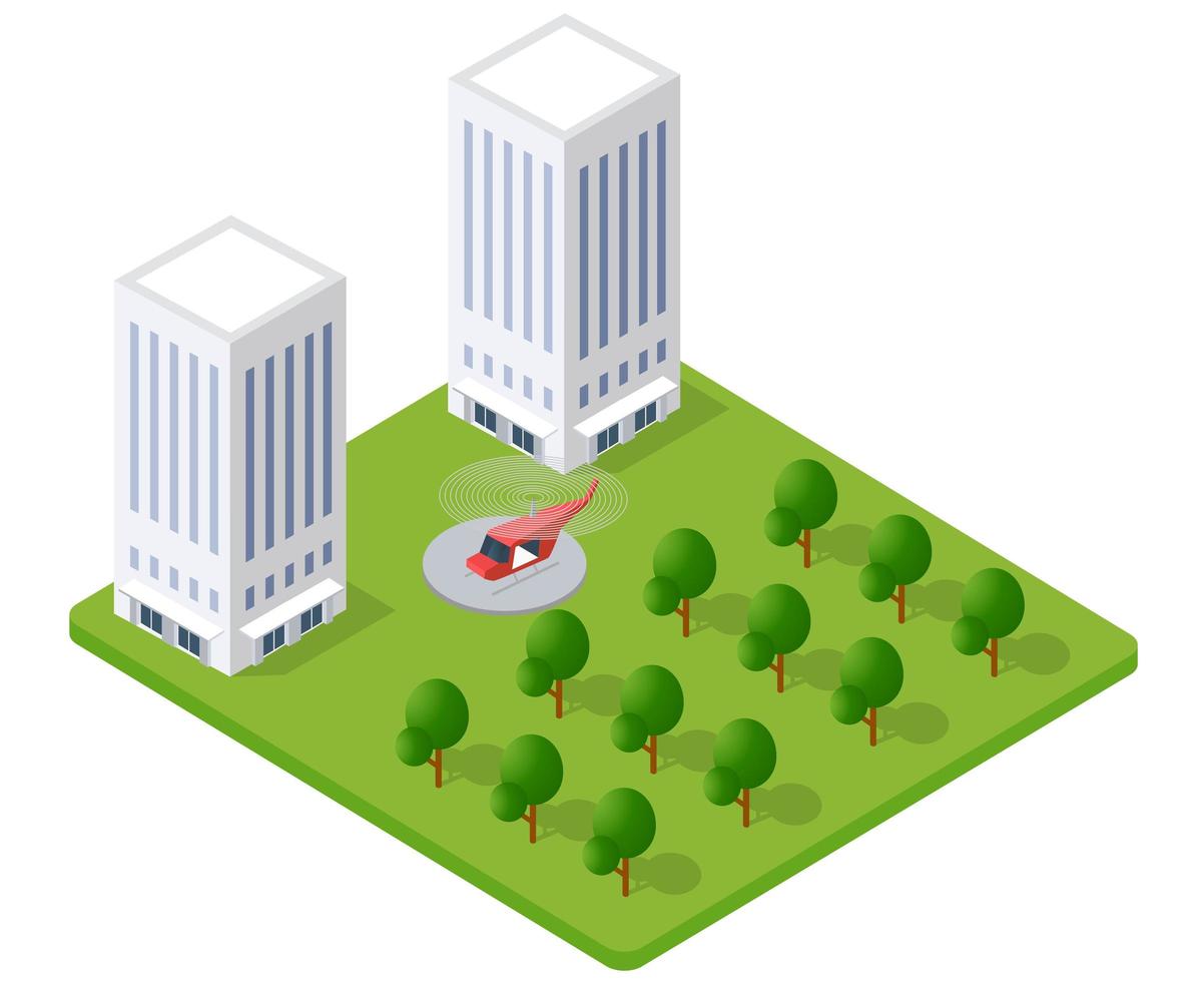 Isometric view with the landscape city with helicopter vector