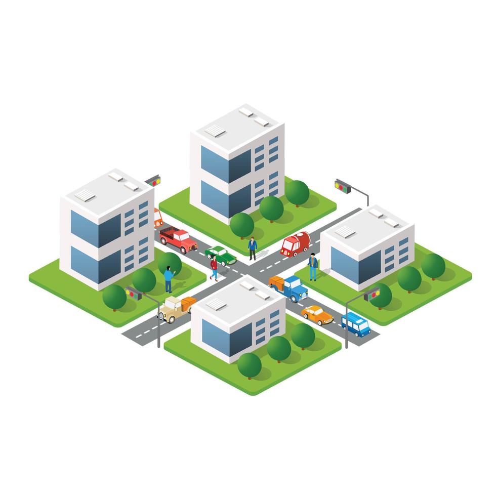 Isometric 3D module block district part city with skyscraper from urban building vector architecture. Modern white illustration for design game and business shape background
