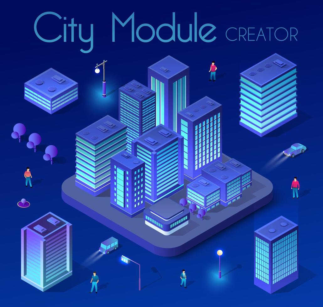 Ultraviolet Isometric City set 3d module block district city with a street road illustration vector