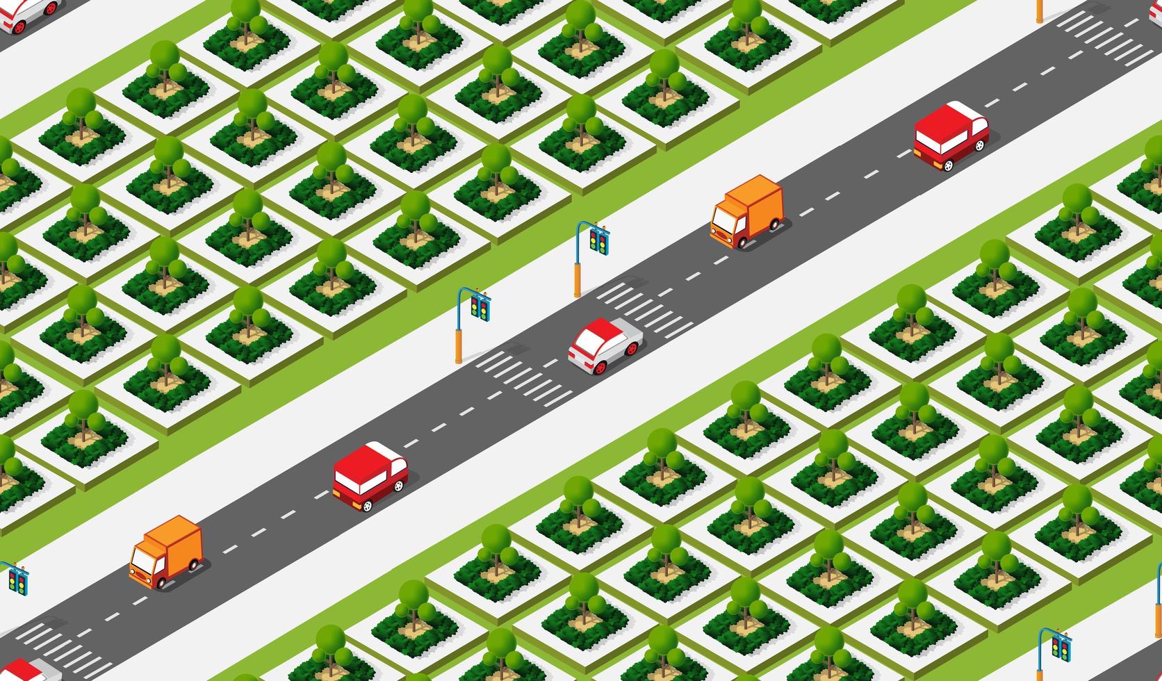 Isometric Crossroads of streets of highways with traffic cars standing in jam. Seamless repeating background illustration vector