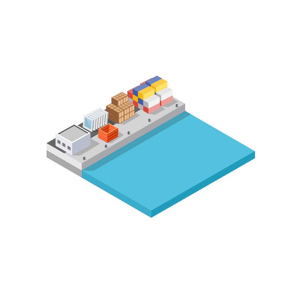 Port cargo ship transport logistics seaport vector template with an isometric illustration