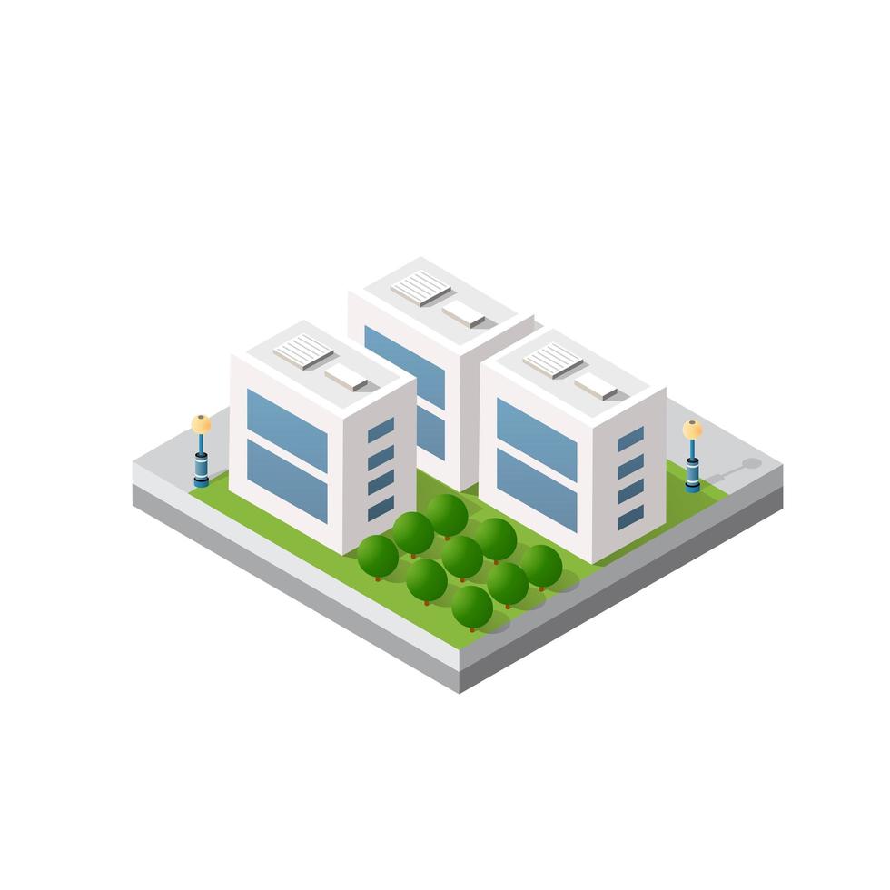 Isometric 3d module block district part of the city with a street road building skyscraper vector