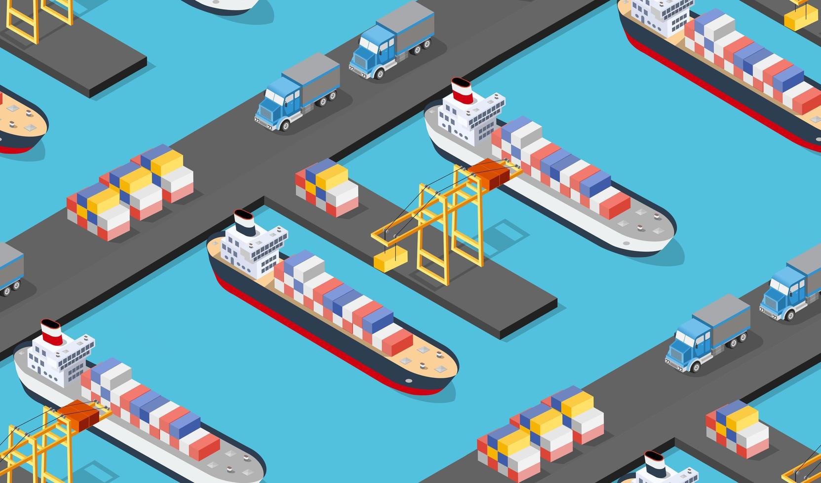 Seamless industrial city map pattern. Isometric port mooring ship transport vector