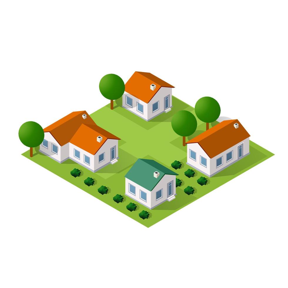 Isometric city with houses and streets with trees, fir and bushes. Autumn time of the year. Conceptual vector illustration.