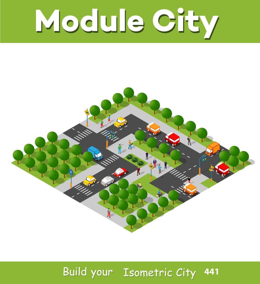 Isometric module area downtown with walking people to build a map of the city infrastructure plan place vector