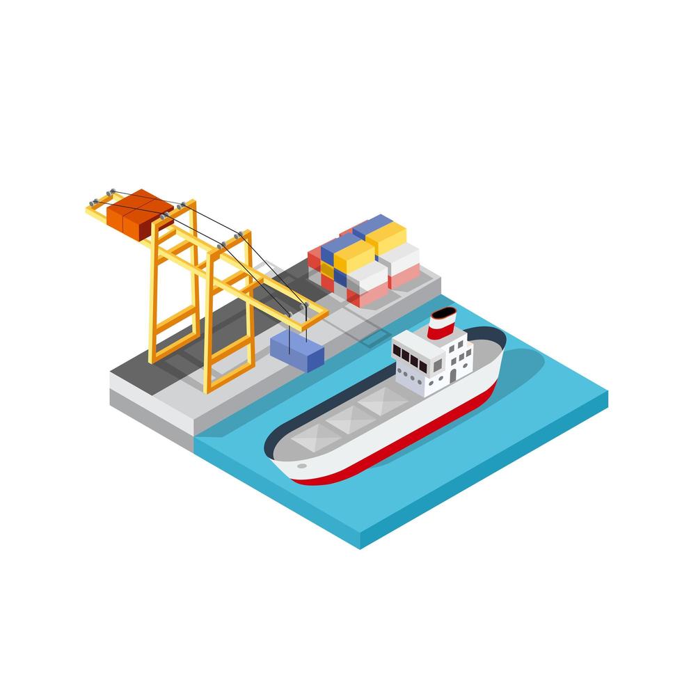 Port cargo ship transport logistics seaport vector template with an isometric illustration