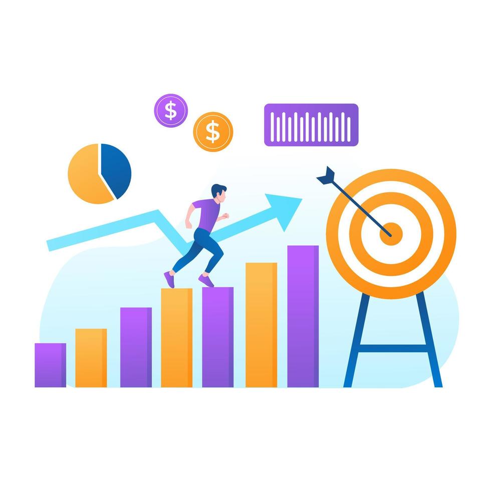 Flat design concept teamwork to build organizational success By setting the right marketing target. Vector illustrations.